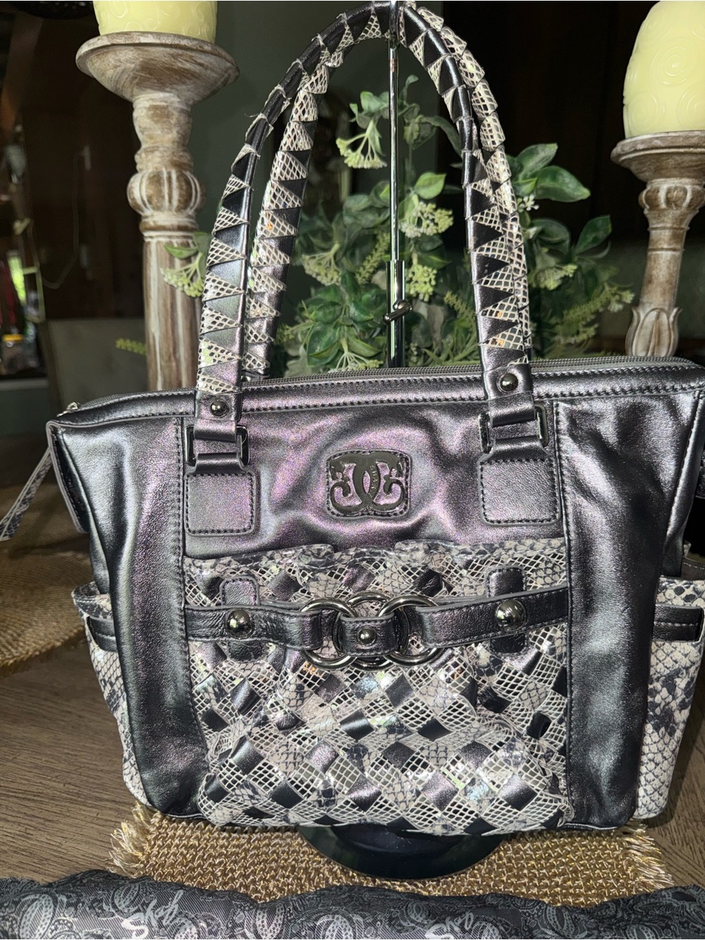 LIKE NEW Sharif Metallic Black & Snakeskin Shoulder Bag - STATEMENT PIECE